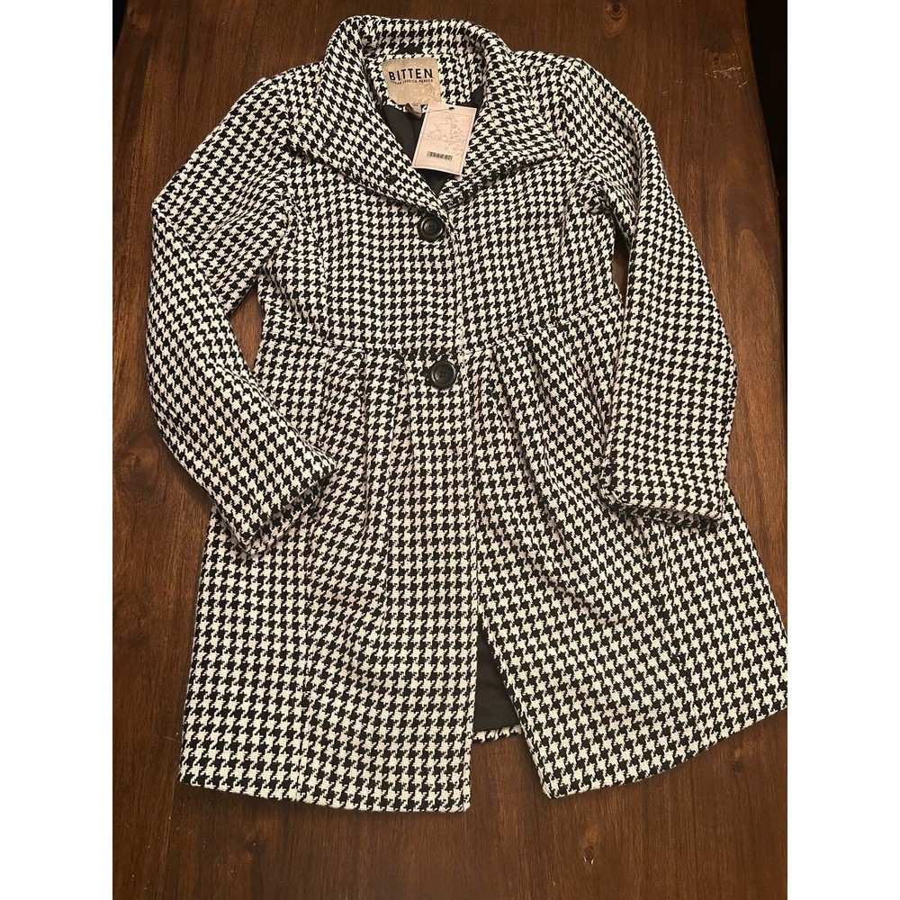 Bitten Sarah Jessica Parker Womens Large Coat Houndstooth Plaid Wool Blend